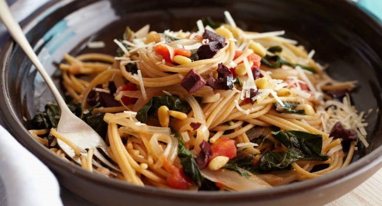 Food Network Giada De Laurentiis' Whole Wheat Spaghetti with Swiss Chard and Pecorino Cheese recipe.