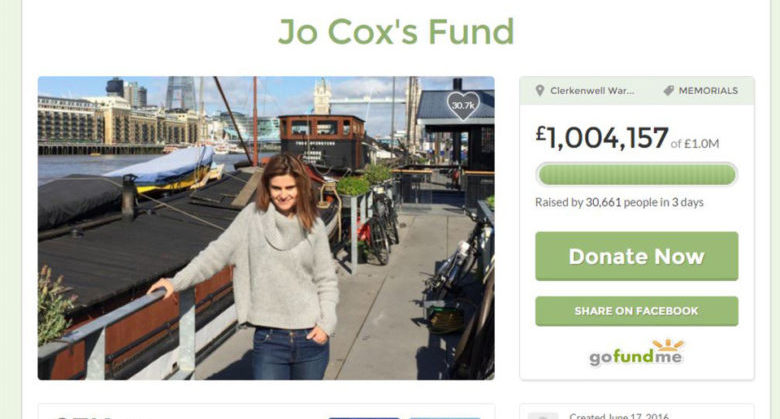 Screengrab taken from the gofundme page of Jo Cox's Fund which has raised ¿1 million in three days, Friends of Mrs Cox and her husband Brendan set up the Go Fund Me page in "celebration and memory" of the popular MP, who died after being shot and stabbed in her Batley and Spen constituency on Thursday. PRESS ASSOCIATION Photo. Issue date: Monday June 20, 2016. It passed the ¿1 million mark shortly before 8.30pm on Monday after more than 30,500 people made donations that will be divided between three charities. See PA story POLITICS MP Charities. Photo credit should read: gofundme/PA Wire NOTE TO EDITORS: This handout photo may only be used in for editorial reporting purposes for the contemporaneous illustration of events, things or the people in the image or facts mentioned in the caption. Reuse of the picture may require further permission from the copyright holder.