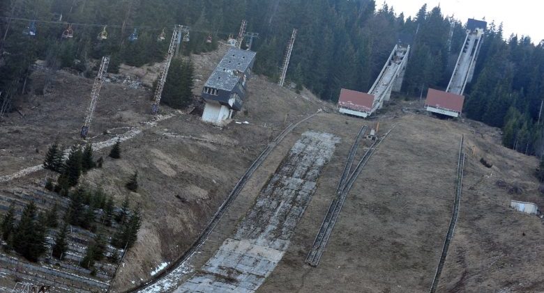 TO GO WITH STORY BY RUSMIR SMAJILHODZIC - A picture taken on February 5, 2014 shows Sarajevo's abandoned ski jumping venue at Mt. Igman near Sarajevo. Built and used as an Olympic venue during Sarajevo's 1984 Winter Olympic Games, the ramps were heavily damaged during Bosnia's 1992-95 war. They were never rebuilt and it's large concrete structure remains standing as a memento of past. AFP PHOTO ELVIS BARUKCIC (Photo credit should read ELVIS BARUKCIC/AFP/Getty Images)