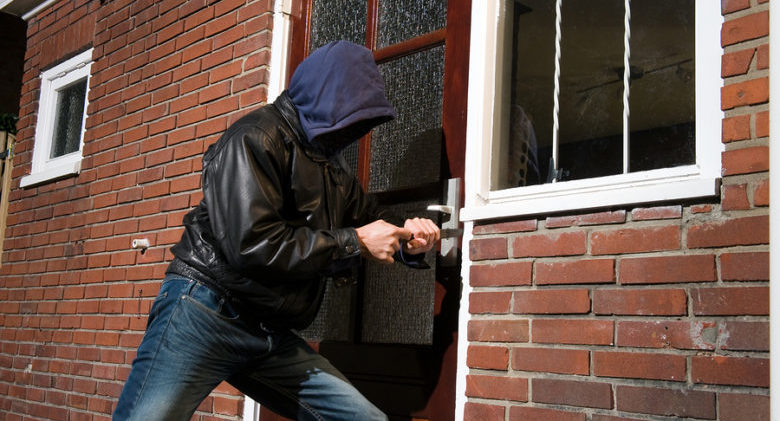 A burglar trying to get into a house by the backdoor