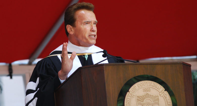 Governor Arnold Schwarzenegger delivers a speech to graduates during Commencement.